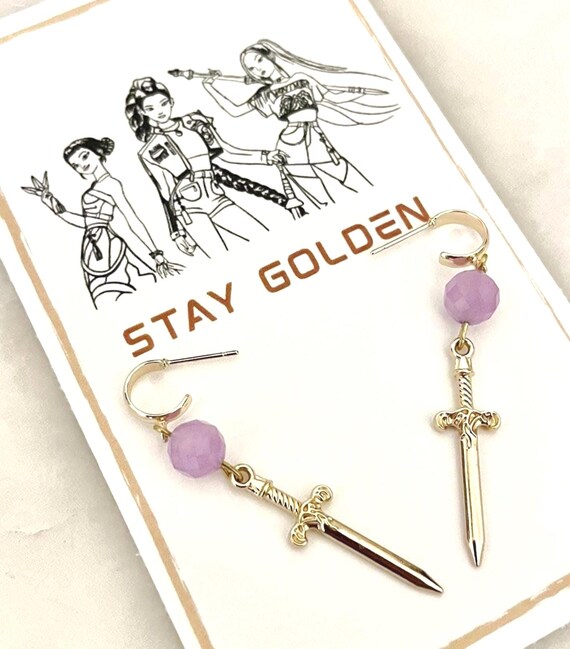 KPop Demon Hunters Earrings, KPop Demon Hunters Gift, Gold Sword Huggie, Edgy Jewelry, Golden, KPop BFF Gift, Huntrix, Rumi