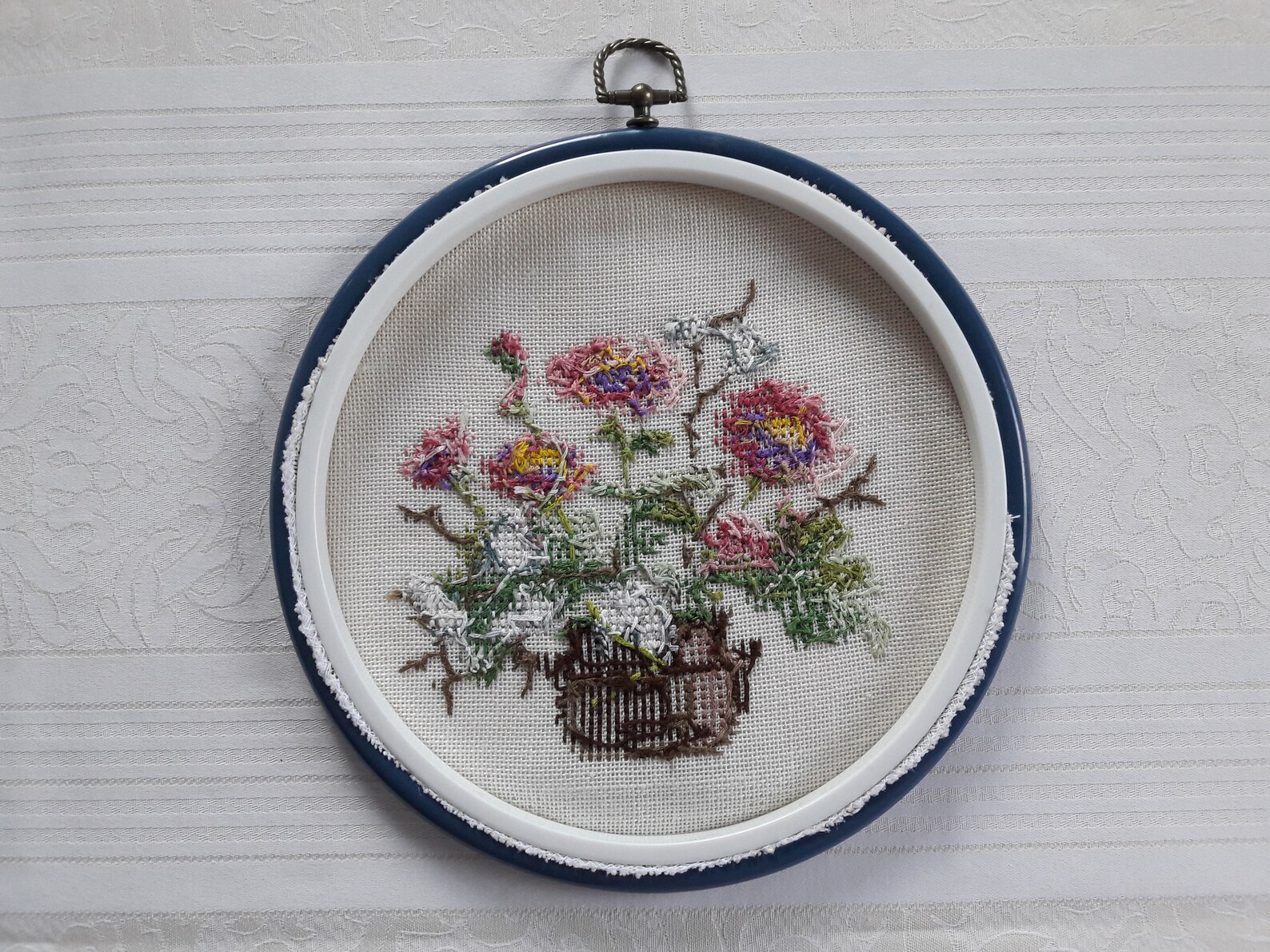 Cross stitch framed round picture/Vintage handmade needlepoint Etsy