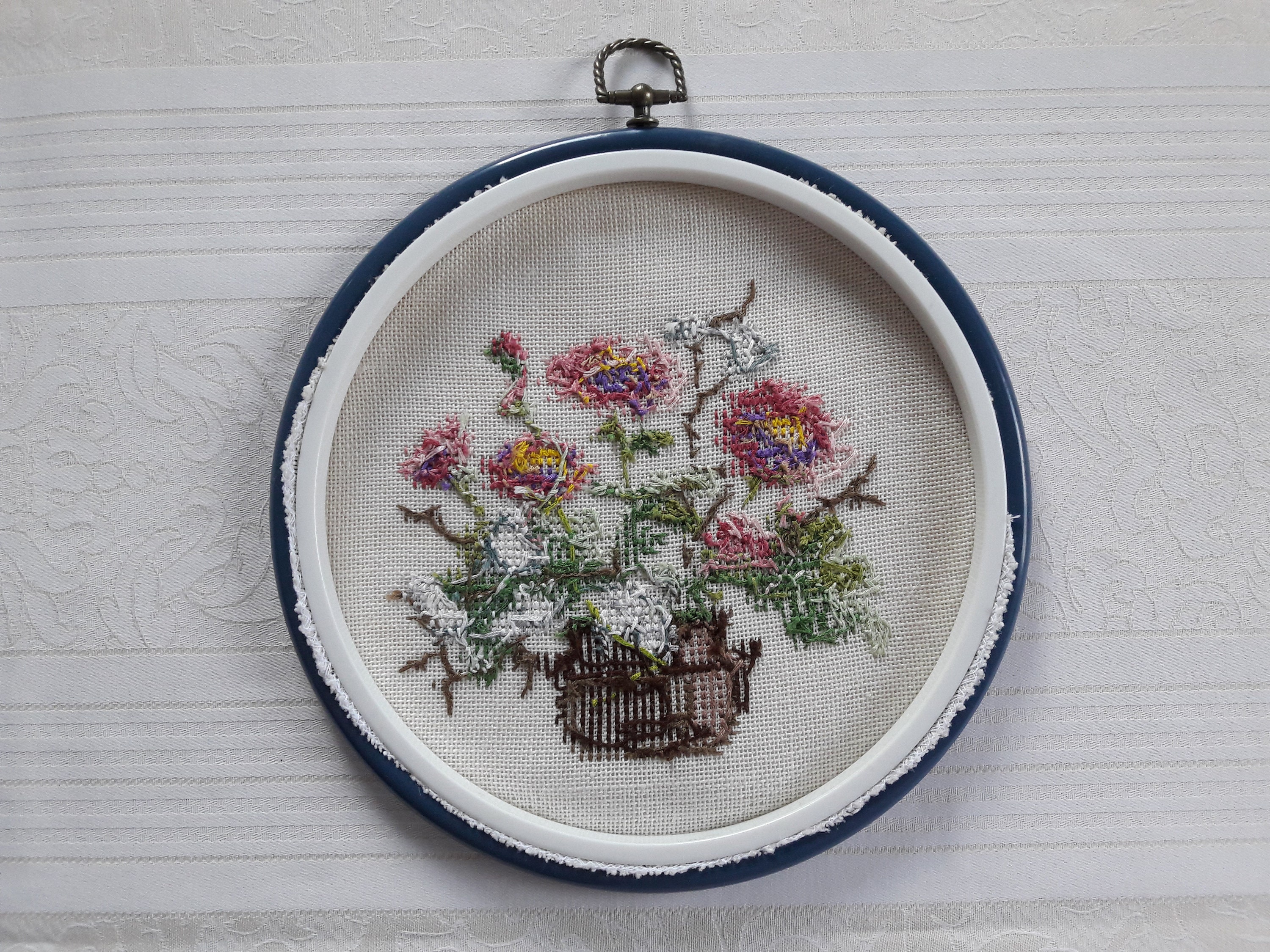 Cross stitch framed round picture/Vintage handmade needlepoint Etsy