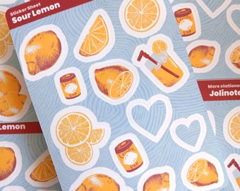Sour Lemon Sticker Sheet | Glossy Journal Decals, Citrus Stationery Designs