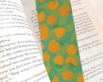 Reversible 2-Sided Bookmark: Green Checkerboard and Orange Fruits