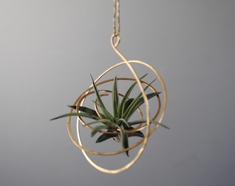 Handmade Brass Air Plant Hanger (Gold String & Handmade Hook) Orbital Geometric Window Display