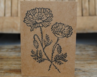 Poppies - Set of Five Blank Cards - Recycled Cardstock - Handmade Linoleum Botanical Floral Prints