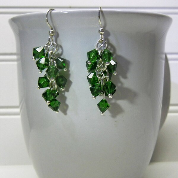 Sterling Silver With Dark Green Swarovski Crystal Faceted Glass Bead Earrings