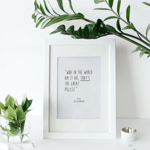 Alice in Wonderland quote print: &quot;Who in the world am I?&quot; Lewis Carroll, literary wall art - modern font [digital print]