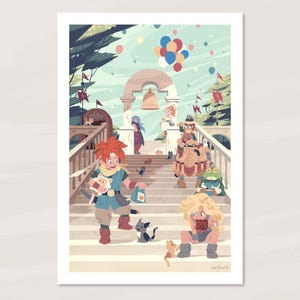 Puede incluir: Una ilustración colorida de un grupo de personas subiendo un tramo de escaleras. Las personas visten diferentes atuendos y llevan diferentes objetos. También hay varios gatos y una rana en la imagen. El fondo es un cielo azul claro con nubes blancas y algunos globos.