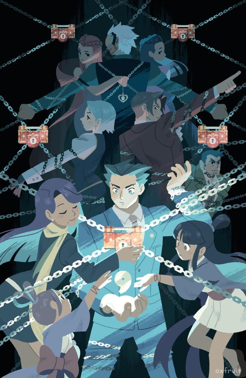 May include: A group of characters from a video game are surrounded by chains. The characters are in various poses, some holding chests, and one character is holding a glowing orb. The background is dark blue with a pattern of chains.