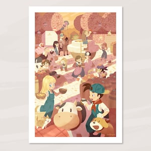 Pode incluir: Uma ilustração colorida de um grupo de pessoas reunidas em um ambiente fantástico com uma vaca, um gato e um cachorro. A cena está cheia de tons rosa e laranja, e os personagens estão vestidos com diferentes roupas.