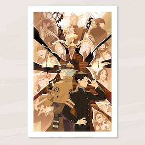 May include: A print featuring multiple anime-style characters in sepia tones. The artwork has a central design with characters arranged around a central figure. The characters are in various poses, with detailed clothing and expressions.