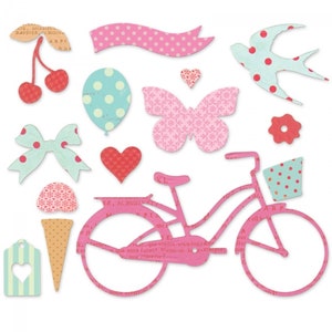 May include: A set of pink and blue paper cutouts featuring a bicycle, a butterfly, a bird, a bow, a heart, a cherry, an ice cream cone, a balloon, a flower, and a banner. The cutouts are perfect for scrapbooking, card making, and other craft projects.