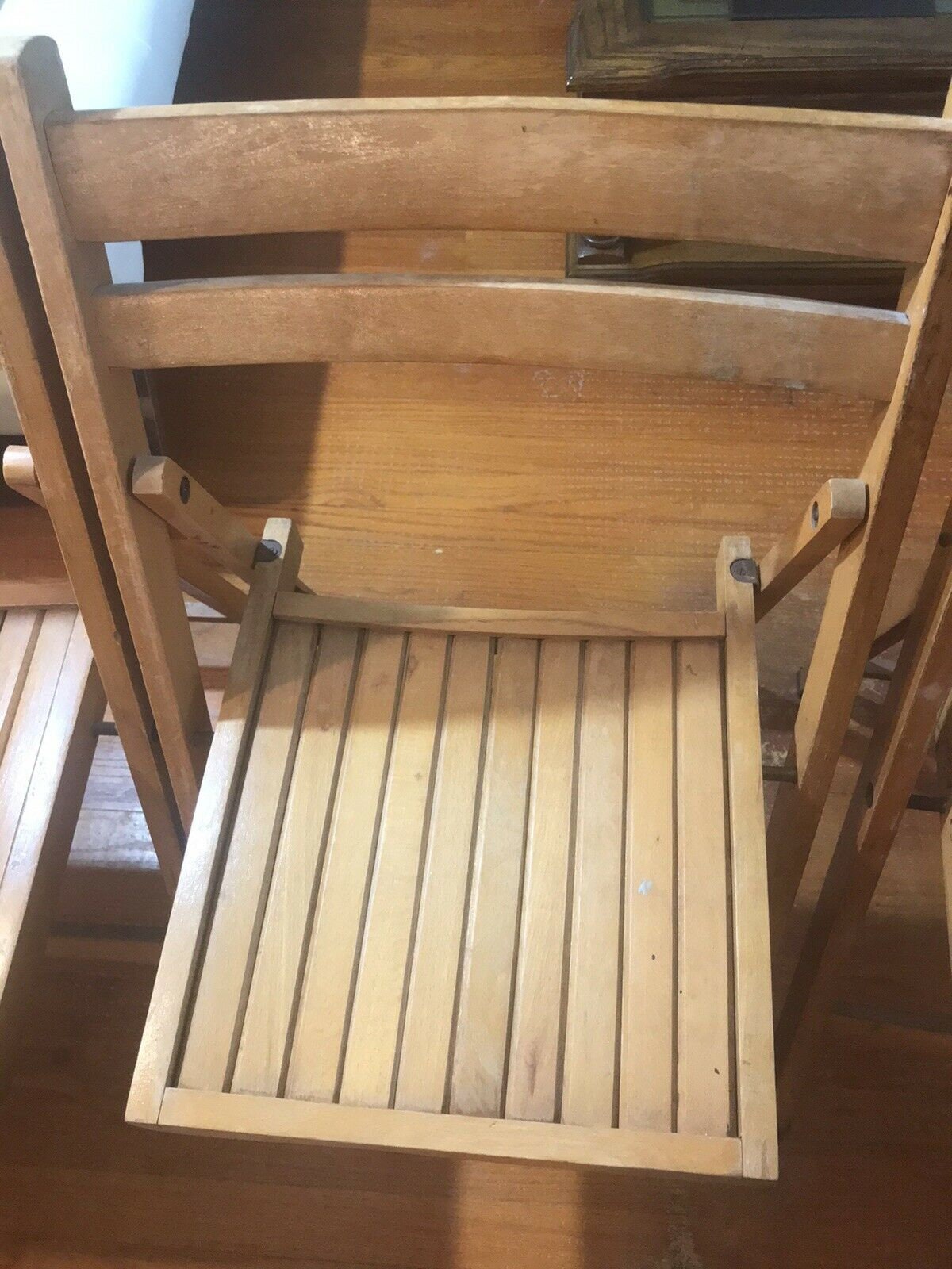 Vtg Wooden Slat Folding Chairs Romania Lot of 4 Danish Mid Century