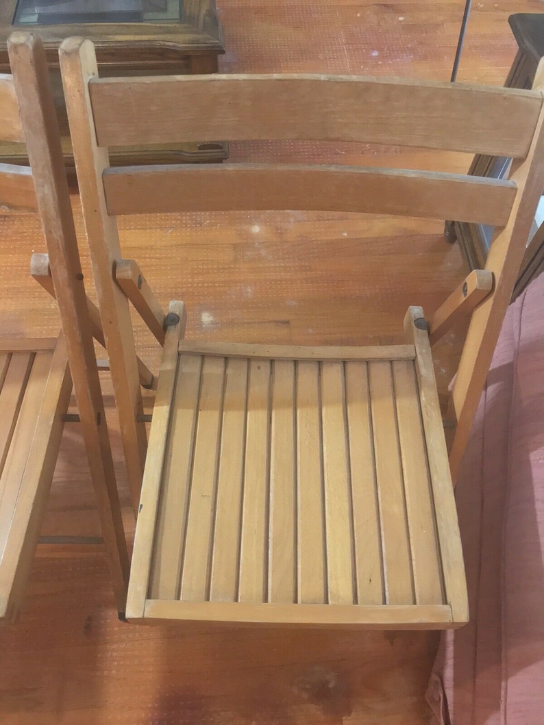 Vtg Wooden Slat Folding Chairs Romania Lot of 4 Danish Mid Century