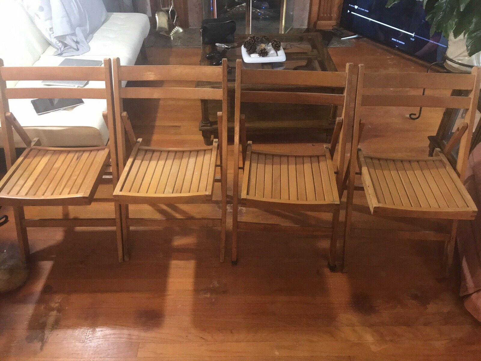 Vtg Wooden Slat Folding Chairs Romania Lot of 4 Danish Mid Century