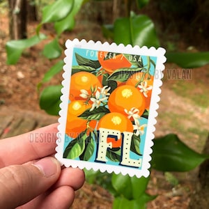 Central Florida Stamp Inspired Waterproof Sticker with Oranges and Orange Blossoms