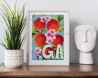 Georgia Stamp Inspired Art Print with Peaches and Peach Blossoms
