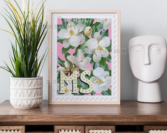 Mississippi Stamp Inspired Art Print with Magnolia Flowers