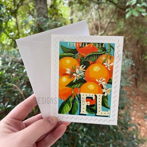 Florida Stamp inspirierte Grußkarte mit Orangen und Orangenblüten