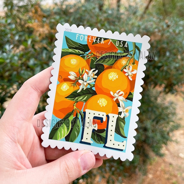 Large Central Florida Stamp Inspired Magnet with Oranges and Orange Blossoms