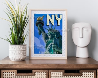 New York Stamp Inspired Art Print with the Statue of Liberty