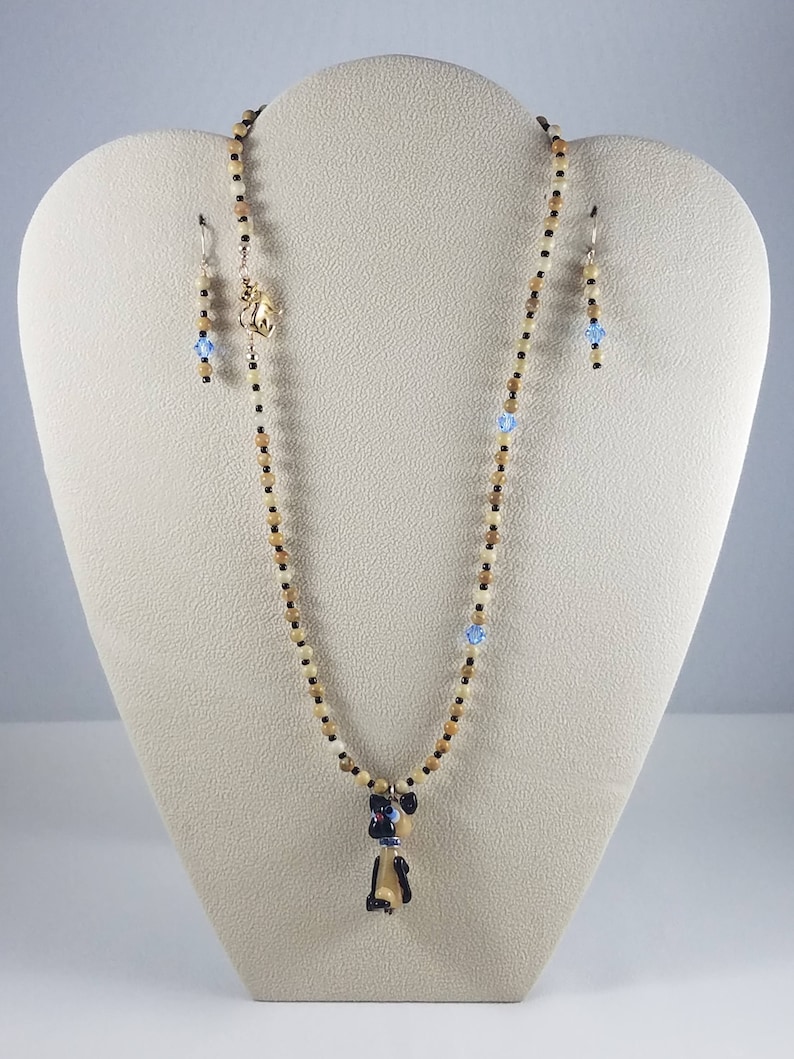 Lamp Worked Siamese Cat Pendant Necklace /& Earring Set