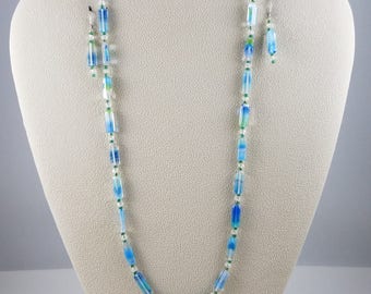 Blue and Green Czech Glass Rectangular Bead Necklace & Earring Set