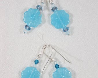 Blue Glass Flower  Bead Earrings