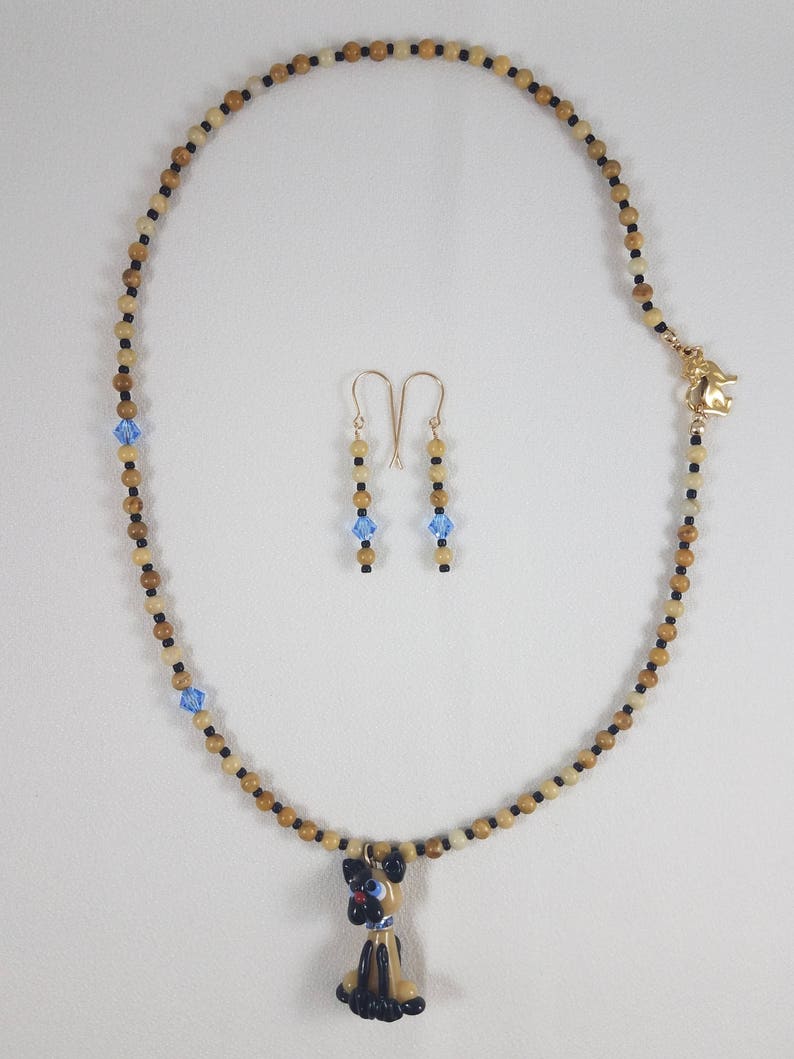 Lamp Worked Siamese Cat Pendant Necklace /& Earring Set