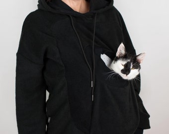 Fleece Cat Sling Jacket, Black Hoodie for Cat Lovers -warm