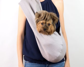 100 % Linen Dog Carry Sling - Grey Breathable Fabric. Urban Pet Carrier Sling - Sleek and Lightweight Dog Bag.
