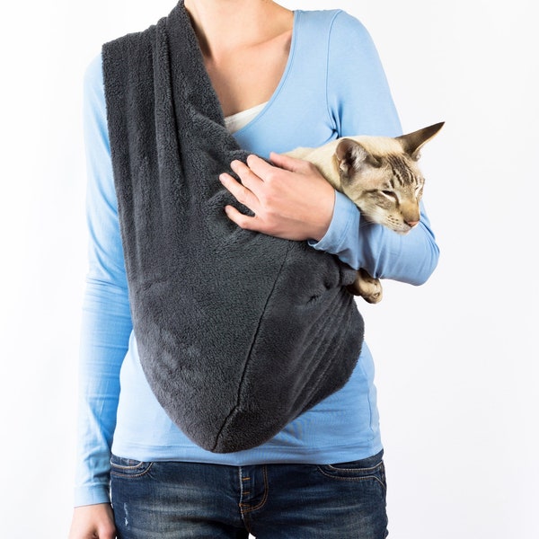 Cat Sling Minky Fleece Gray, Reversible Cat Carrier, Pet sling for cat up to 18 lbs, Sphynx Cat Carrier, Warm Pet Carrier