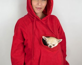Red Fleece Dog Carrier Hoodie: Kangaroo Pouch Sweater for Small Dogs