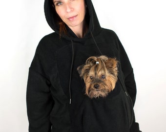 Black Fleece Dog Carrying Hoodie: Small Dog Mom Sweater
