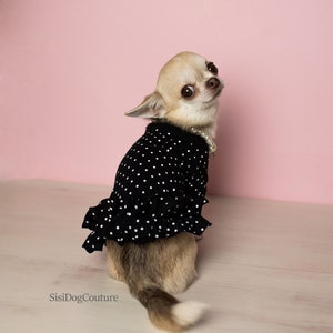 Cotton Small Dog Dress - black. Polka Dot Ruffle Dog Dress - Elegant Pet Apparel.