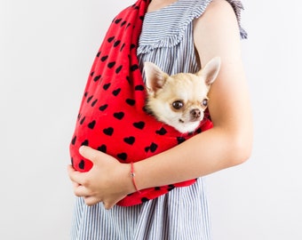 Kids' Reversible Dog Sling Carrier, Red and Black Heart Pattern, Soft Velvet Pet Pouch - for dogs up to 3 lbs