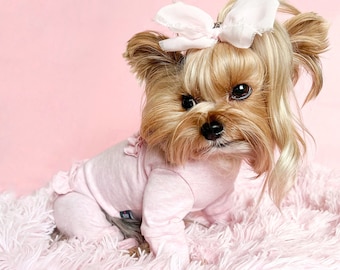 Pink Ruffled Dog Jumpsuit, Soft Cotton Dog Outfit