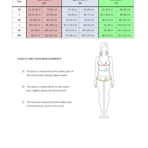 May include: Sizing guide for clothing with bust, waist, and hip measurements in inches and centimeters. The chart shows sizes XS to XXL with corresponding measurements for each size.
