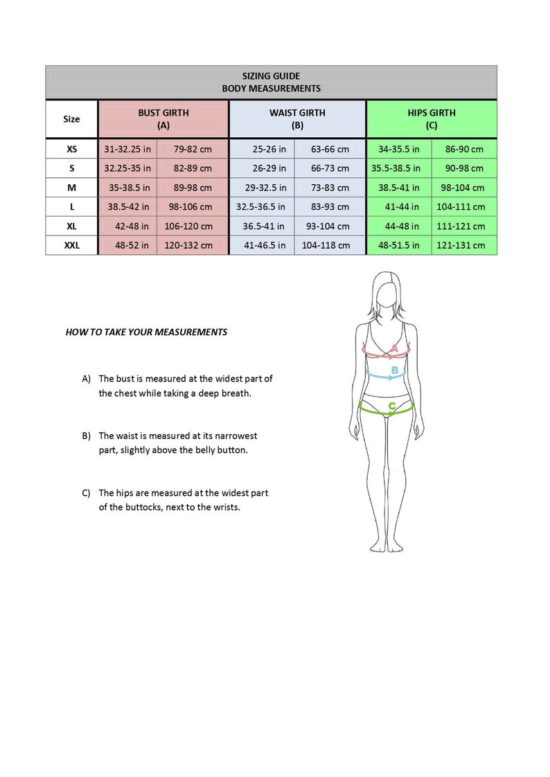 May include: Sizing guide for clothing with bust, waist, and hip measurements in inches and centimeters. The chart shows sizes XS to XXL with corresponding measurements for each size.