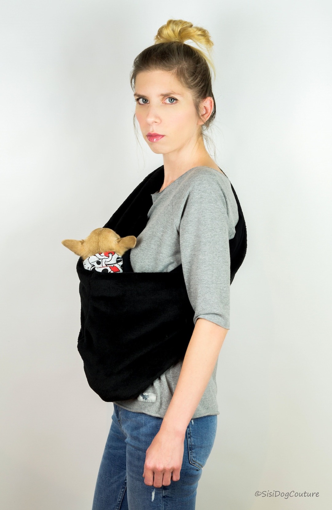 Black Plush Cat Carrier, Pet Sling for Cat up to 18 Lbs, Reversible Pet Bag, Fur Cat Sling, Warm