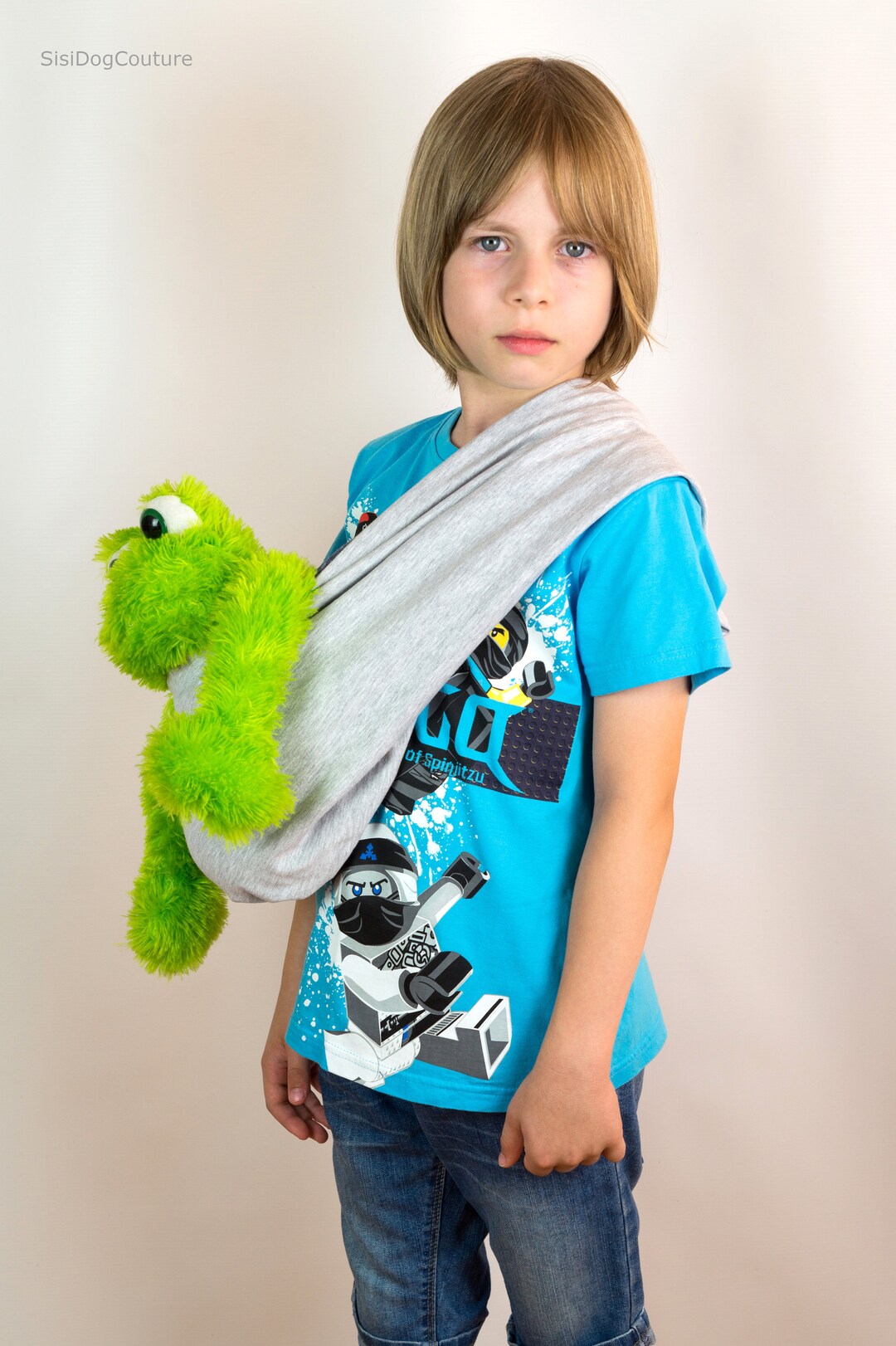 Kid's Dog Carrier Blue Gray Cotton Jersey. Pet Sling for Small Dogs and