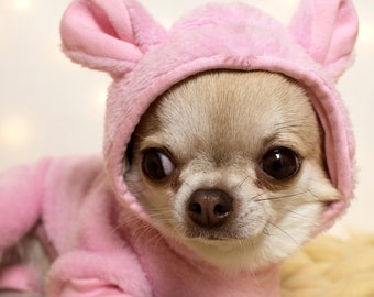 Pink Minky Fleece Dog Jumpsuit with Hood, Small Breed Winter Pajamas
