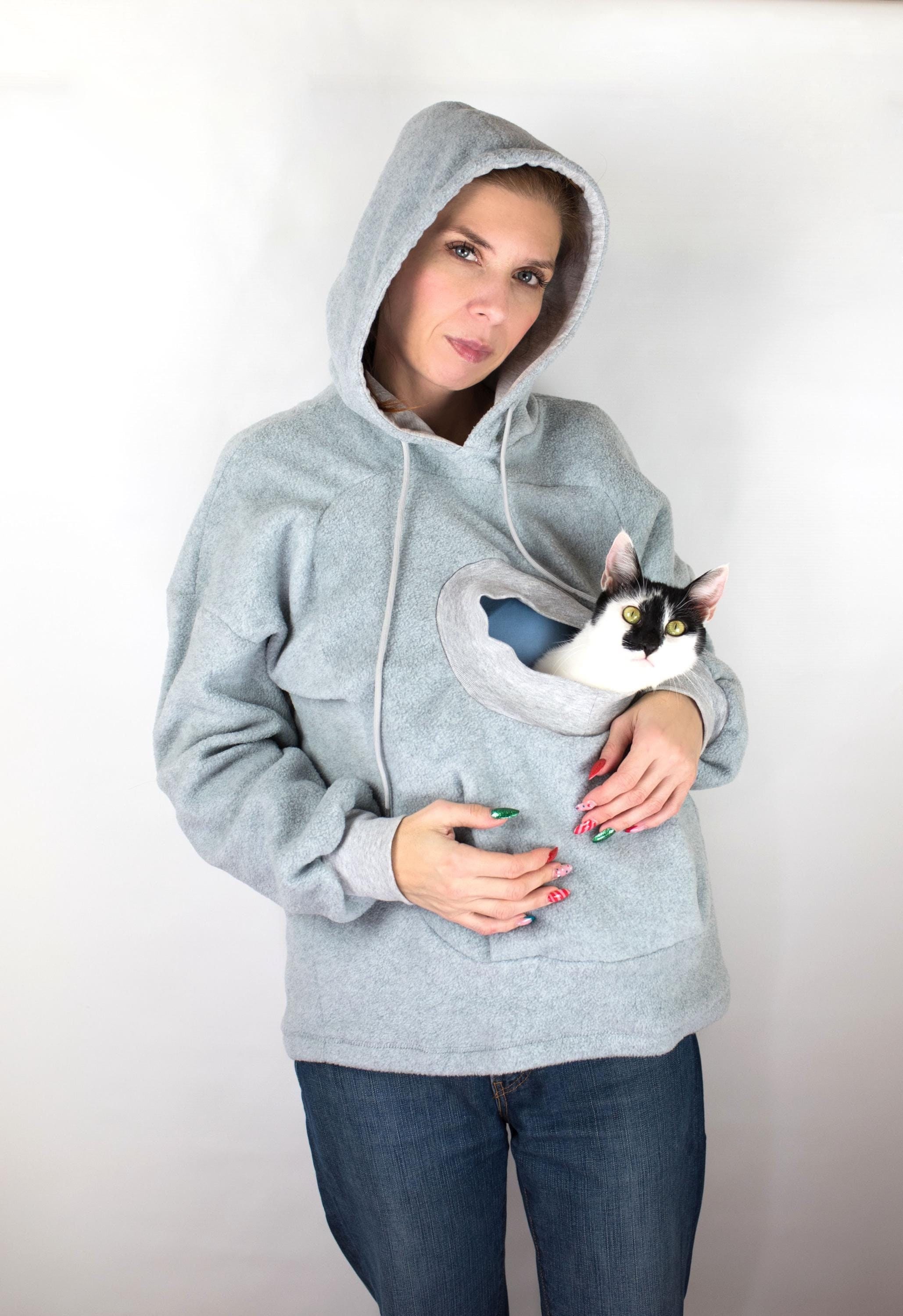 Warm Cat Sling Hoodie - fleece, Hoodie for Pet Lovers - gray