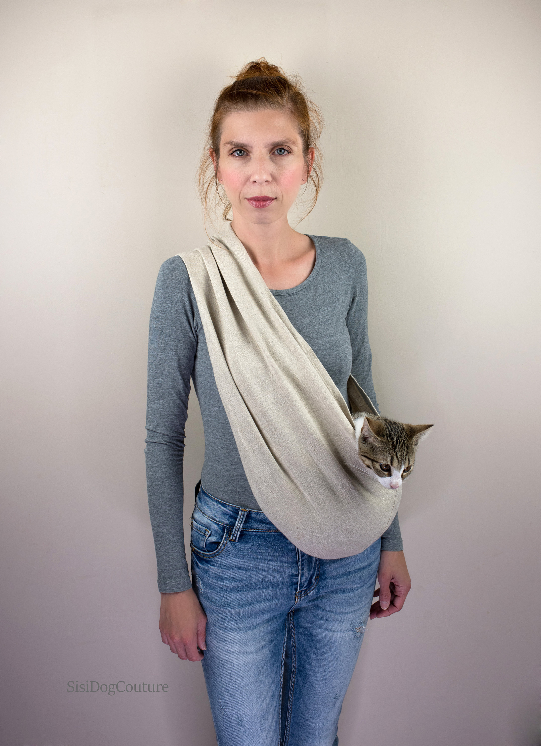 Beige Linen Cat Sling, Breathable Pet Carrier up to 11 lbs