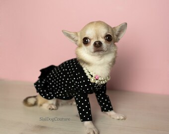 水玉模様のフリル付き犬用ドレス：エレガントなコットン製ペット服