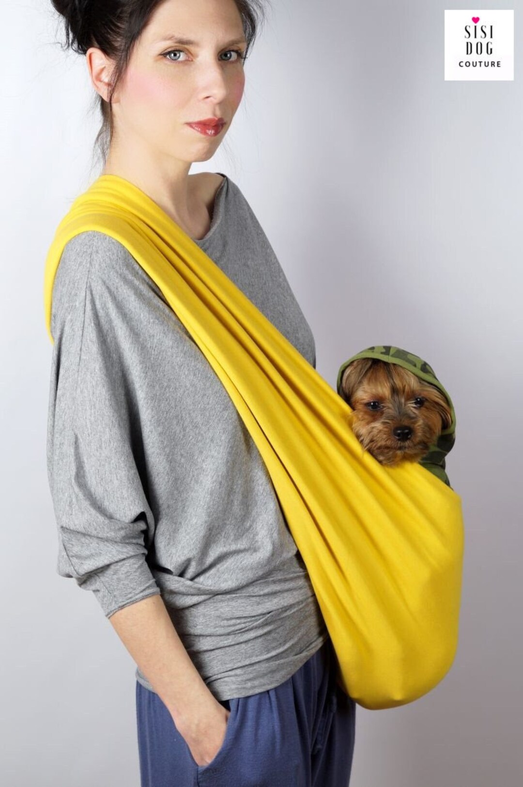 Reversible Dog Sling Gray Spicy Mustard, Breathable Pet Carrier, Dog