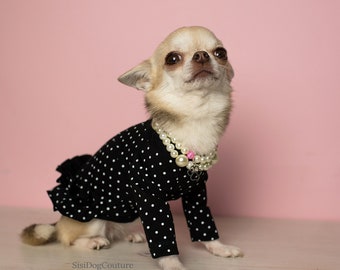 水玉模様のフリル付き犬用ドレス：エレガントなコットン製ペット服