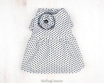 Chic Black and White Polka Dot Dog Dress. Cotton Dress for Small Dogs. Pet Dress with Floral Accent.