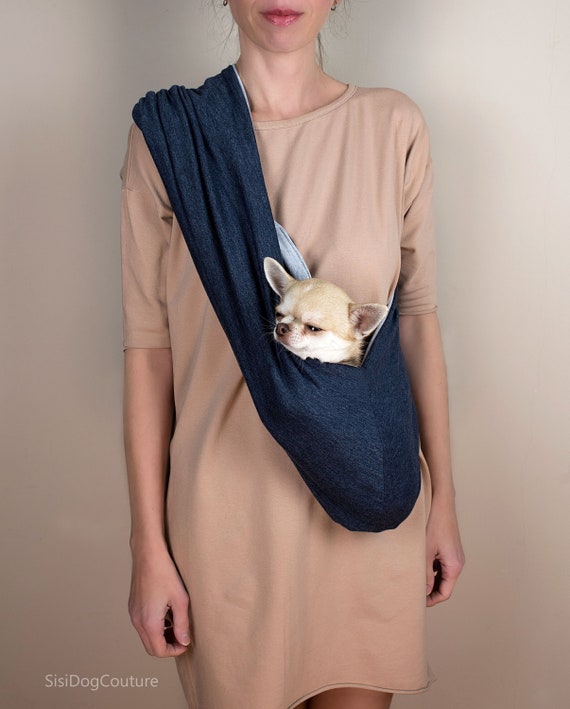 Cotton Dog Sling Carrier Navy Gray Comfortable Pet Pouch