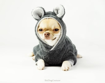 Plush Dog Onesie with Ears - grey. Comfy Pet Jumpsuit.
