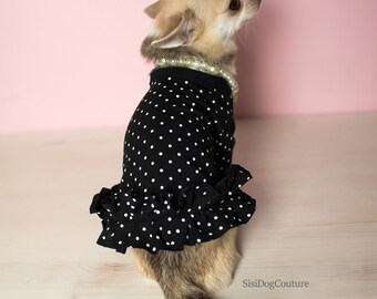 水玉模様のフリル付き犬用ドレス：エレガントなコットン製ペット服