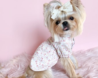 Floral Dog Dress: 100% Batiste Cotton with Pearl Detail